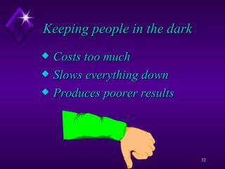 Keeping people in the dark Costs too much  Slows everything down Produces poorer results 