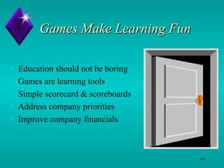 Games Make Learning Fun Education should not be boring Games are learning tools Simple scorecard & scoreboards Address company priorities Improve company financials 