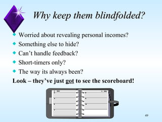 Why keep them blindfolded? Worried about revealing personal incomes? Something else to hide? Can’t handle feedback? Short-timers only? The way its always been? Look – they’ve just  got  to see the scoreboard! 