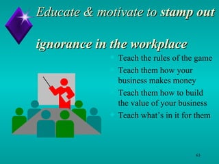 Educate & motivate to  stamp out    ignorance in the workplace Teach the rules of the game Teach them how your business makes money Teach them how to build the value of your business Teach what’s in it for them 
