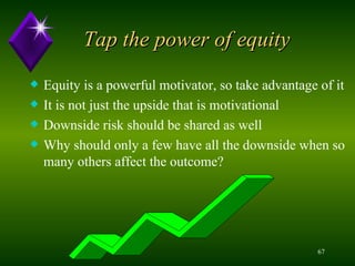 Tap the power of equity Equity is a powerful motivator, so take advantage of it It is not just the upside that is motivational Downside risk should be shared as well Why should only a few have all the downside when so many others affect the outcome? 