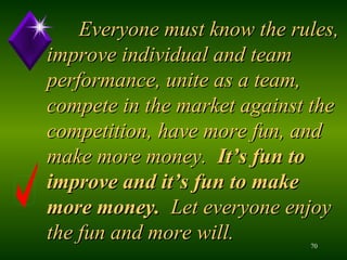 Everyone must know the rules, improve individual and team performance, unite as a team, compete in the market against the competition, have more fun, and make more money.  It’s fun to improve and it’s fun to make more money.   Let everyone enjoy the fun and more will.  