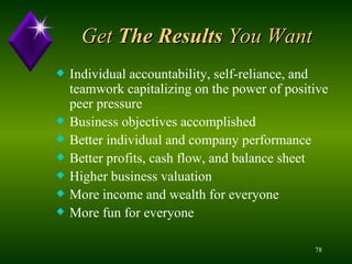 Get  The Results  You Want Individual accountability, self-reliance, and  teamwork capitalizing on the power of positive peer pressure Business objectives accomplished Better individual and company performance Better profits, cash flow, and balance sheet Higher business valuation More income and wealth for everyone More fun for everyone 