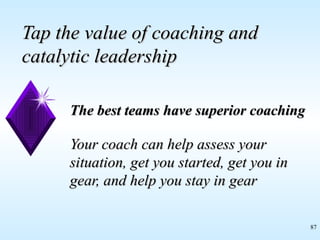 Tap the value of coaching and catalytic leadership The best teams have superior coaching Your coach can help assess your situation, get you started, get you in gear, and help you stay in gear 