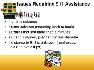 Issues Requiring 911 Assistance


•   first time seizures
•   cluster seizures (occurring back to back)
•   seizures that last more than 5 minutes
•   student is injured, pregnant or has diabetes
•   if distance to 911 is unknown (rural areas,
    field or athletic trips)
 