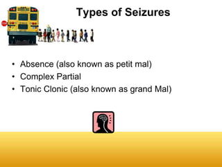 Types of Seizures



• Absence (also known as petit mal)
• Complex Partial
• Tonic Clonic (also known as grand Mal)
 