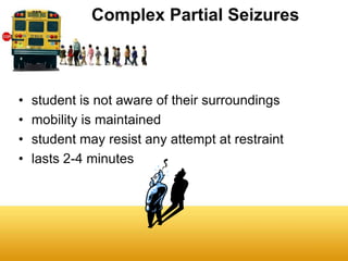 Complex Partial Seizures



•   student is not aware of their surroundings
•   mobility is maintained
•   student may resist any attempt at restraint
•   lasts 2-4 minutes
 