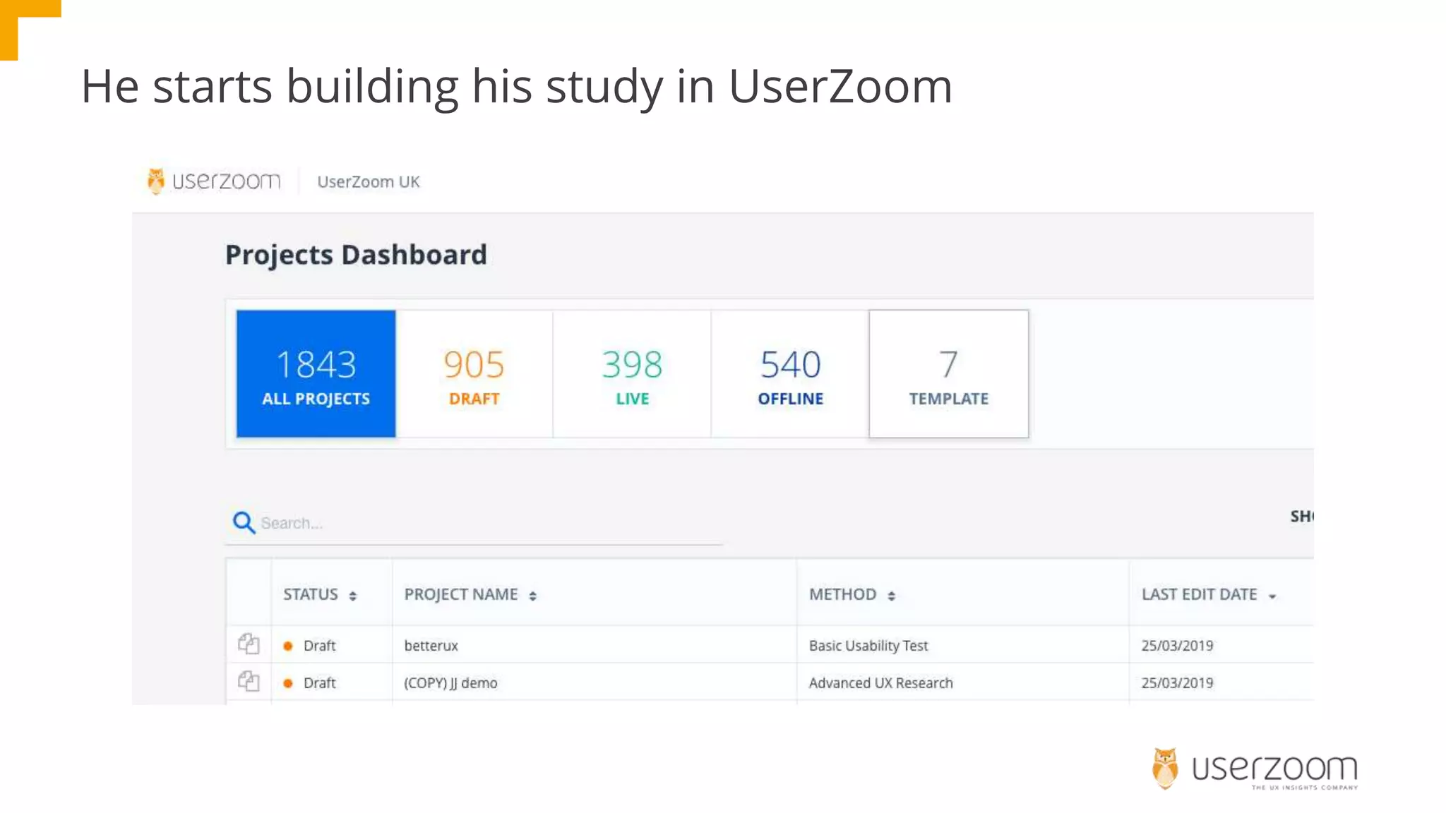 He starts building his study in UserZoom
 