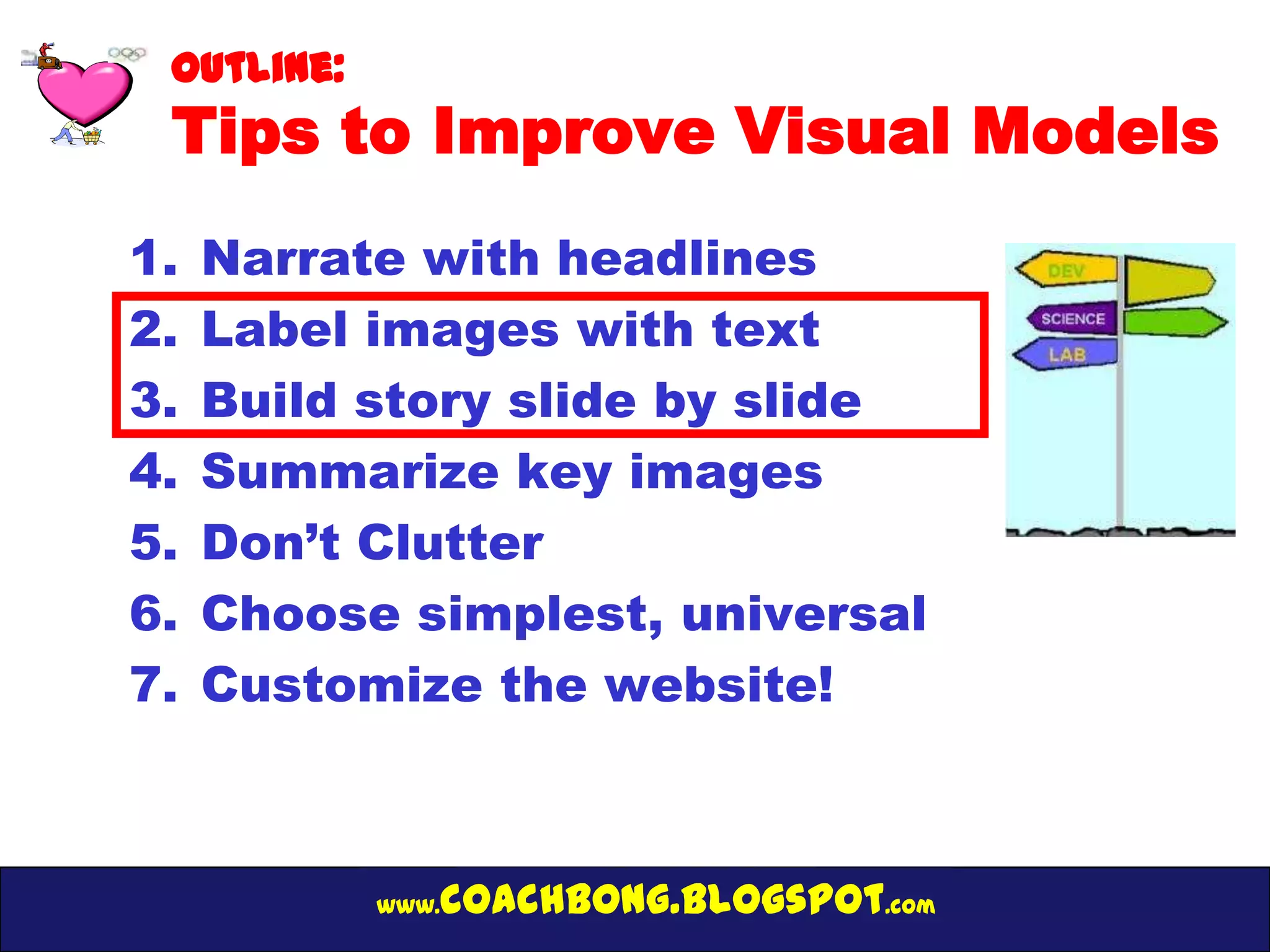 Outline:
 Tips to Improve Visual Models
1.   Narrate with headlines
2.   Label images with text
3.   Build story slide by slide
4.   Summarize key images
5.   Don’t Clutter
6.   Choose simplest, universal
7.   Customize the website!



            www.   coachbong.blogspot.com
 