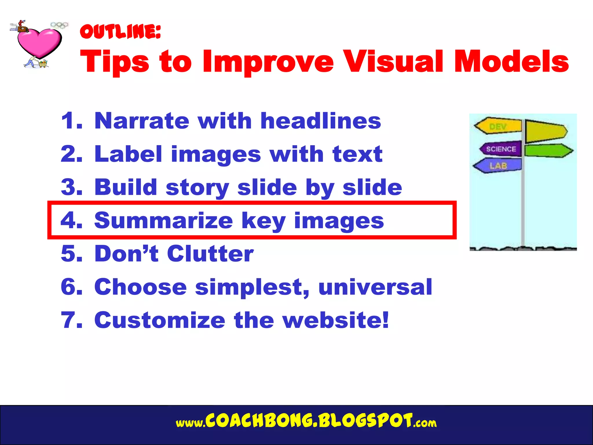 Outline:
 Tips to Improve Visual Models
1.   Narrate with headlines
2.   Label images with text
3.   Build story slide by slide
4.   Summarize key images
5.   Don’t Clutter
6.   Choose simplest, universal
7.   Customize the website!



            www.   coachbong.blogspot.com
 