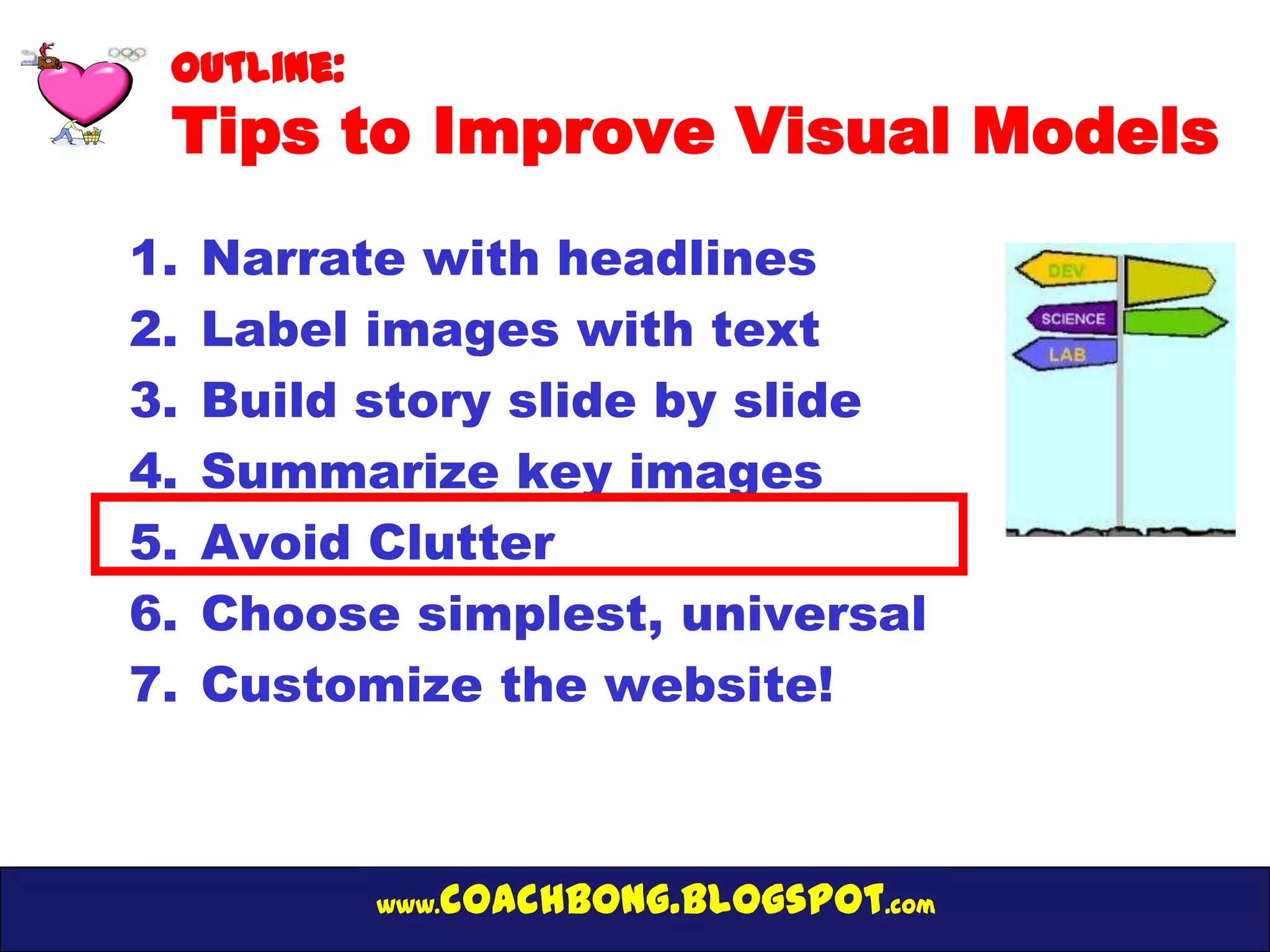 Outline:
 Tips to Improve Visual Models
1.   Narrate with headlines
2.   Label images with text
3.   Build story slide by slide
4.   Summarize key images
5.   Avoid Clutter
6.   Choose simplest, universal
7.   Customize the website!



            www.   coachbong.blogspot.com
 