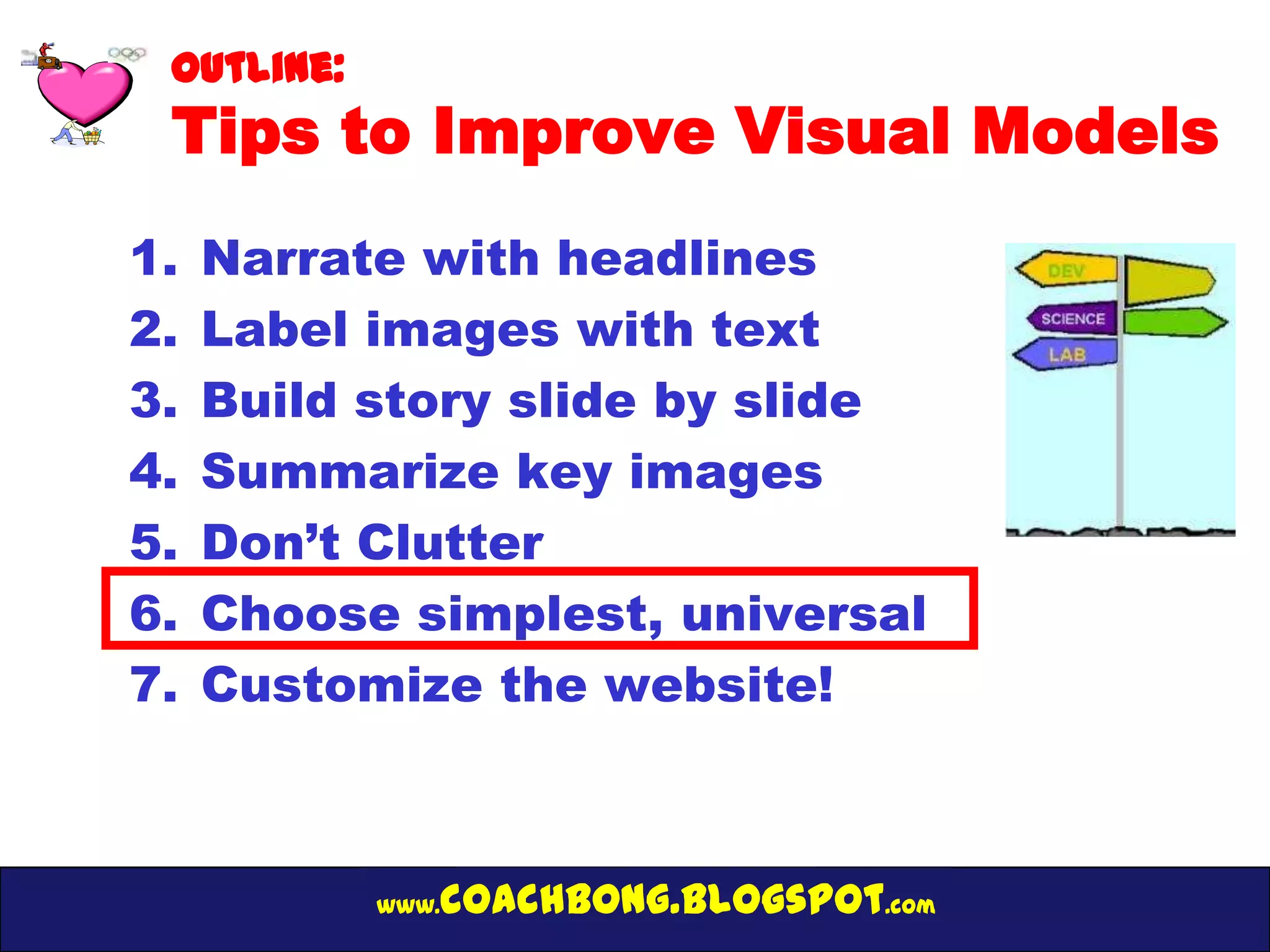 Outline:
 Tips to Improve Visual Models
1.   Narrate with headlines
2.   Label images with text
3.   Build story slide by slide
4.   Summarize key images
5.   Don’t Clutter
6.   Choose simplest, universal
7.   Customize the website!



            www.   coachbong.blogspot.com
 