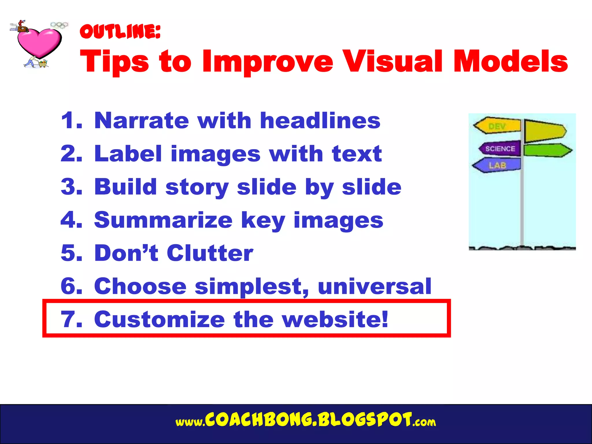 Outline:
 Tips to Improve Visual Models
1.   Narrate with headlines
2.   Label images with text
3.   Build story slide by slide
4.   Summarize key images
5.   Don’t Clutter
6.   Choose simplest, universal
7.   Customize the website!



            www.   coachbong.blogspot.com
 