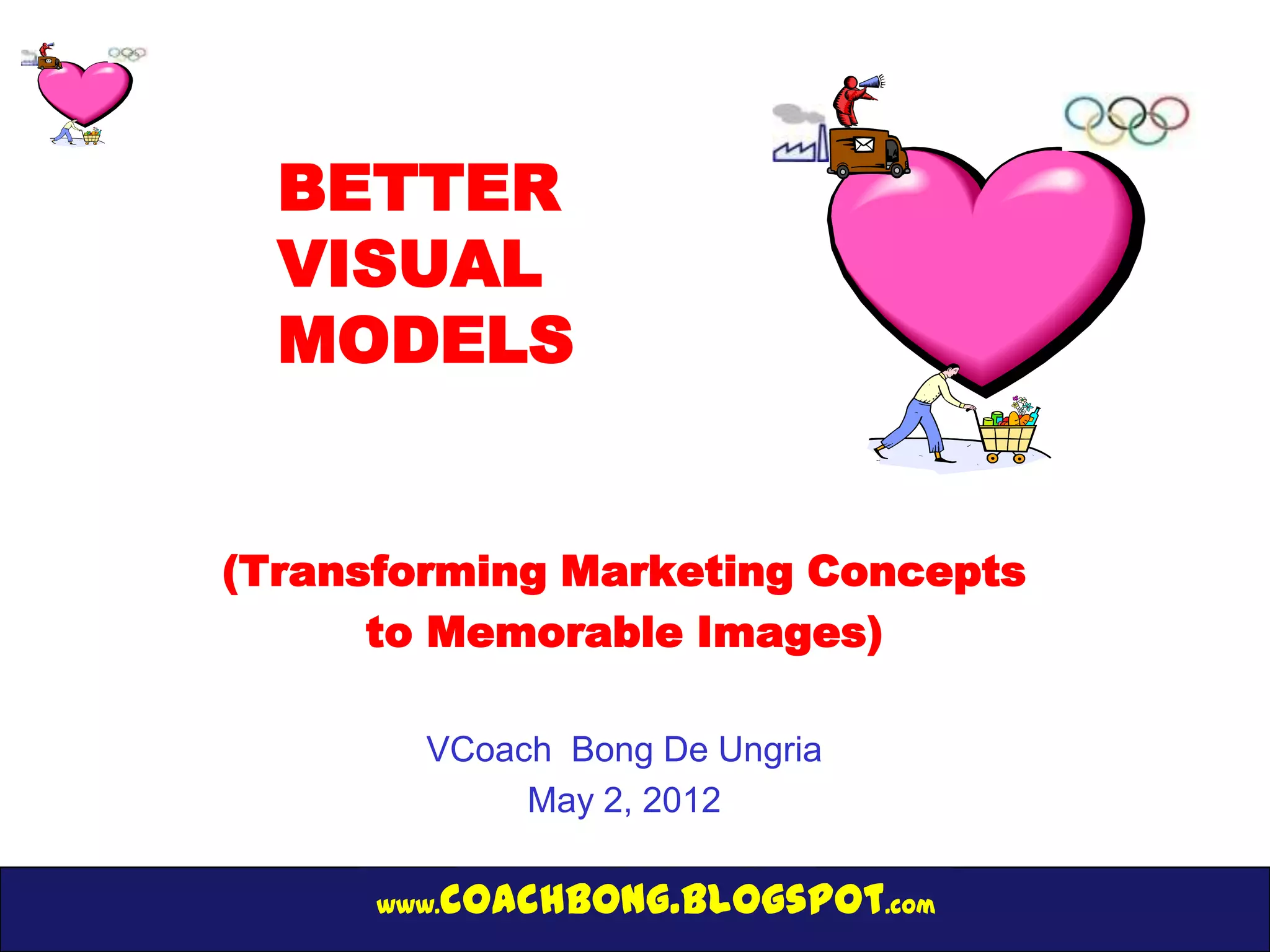BETTER
  VISUAL
  MODELS


(Transforming Marketing Concepts
      to Memorable Images)

         VCoach Bong De Ungria
              May 2, 2012

      www.   coachbong.blogspot.com
 