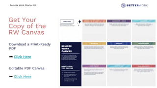 Remote Work Starter Kit
Get Your
Copy of the
RW Canvas
Download a Print-Ready
PDF
🔗 Click Here
Editable PDF Canvas
🔗 Click Here
 