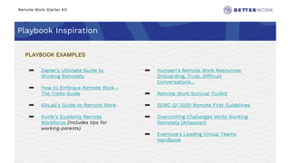 Remote Work Starter Kit
Challenge
Rhythm
Playbook Inspiration
🔗 Zapier’s Ultimate Guide to
Working Remotely
🔗 How to Embrace Remote Work -
The Trello Guide
🔗 GitLab’s Guide to Remote Work
🔗 Kunik’s Suddenly Remote
Workforce (includes tips for
working parents)
PLAYBOOK EXAMPLES
🔗 Humaan’s Remote Work Resources:
Onboarding, Trust, Difficult
Conversations...
🔗 Remote Work Survival Toolkit
🔗 SEMC Q1 2020 Remote First Guidelines
🔗 Overcoming Challenges While Working
Remotely (Atlassian)
🔗 Evernote’s Leading Virtual Teams
Handbook
 