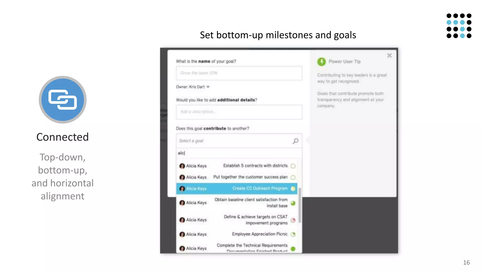 16
Connected
Top-down,
bottom-up,
and horizontal
alignment
Set bottom-up milestones and goals
 