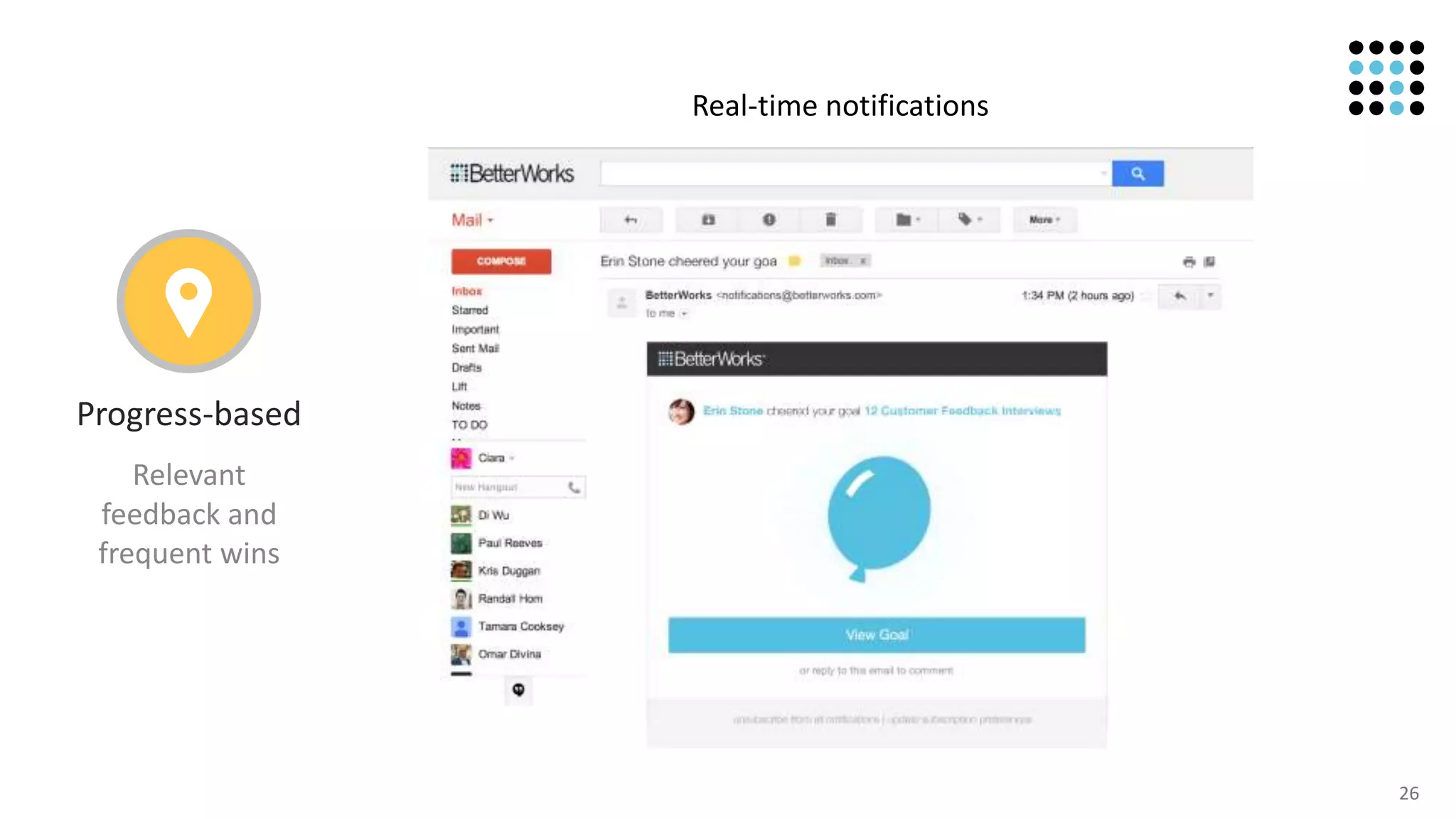 26
Real-time notifications
Relevant
feedback and
frequent wins
Progress-based
 