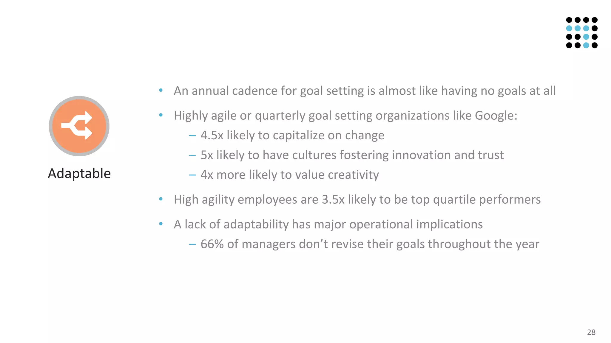 28
• An annual cadence for goal setting is almost like having no goals at all
• Highly agile or quarterly goal setting organizations like Google:
– 4.5x likely to capitalize on change
– 5x likely to have cultures fostering innovation and trust
– 4x more likely to value creativity
• High agility employees are 3.5x likely to be top quartile performers
• A lack of adaptability has major operational implications
– 66% of managers don’t revise their goals throughout the year
Adaptable
 