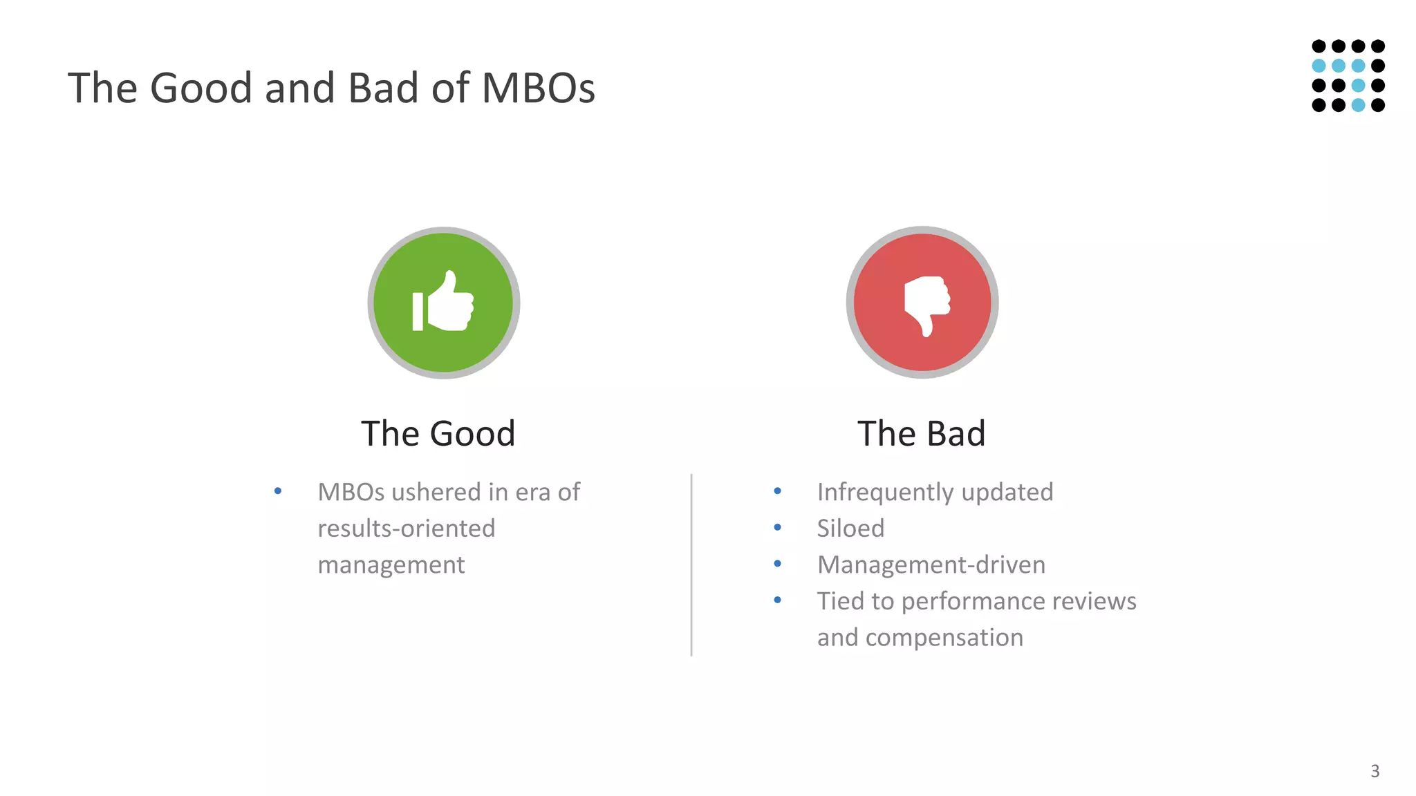 3
The Good and Bad of MBOs
The Good The Bad
• Infrequently updated
• Siloed
• Management-driven
• Tied to performance reviews
and compensation
• MBOs ushered in era of
results-oriented
management
 