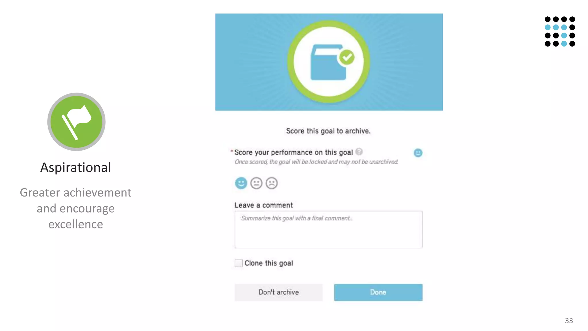 33
Aspirational
Greater achievement
and encourage
excellence
 