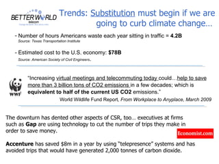 Trends: Substitution must begin if we are
                                      going to curb climate change…
   - Number of hours Americans waste each year sitting in traffic = 4.2B
    Source: Texas Transportation Institute


   - Estimated cost to the U.S. economy: $78B
     Source: American Society of Civil Engineers.




         “Increasing virtual meetings and telecommuting today could…help to save
         more than 3 billion tons of CO2 emissions in a few decades; which is
         equivalent to half of the current US CO2 emissions.”
                             World Wildlife Fund Report, From Workplace to Anyplace, March 2009


The downturn has dented other aspects of CSR, too… executives at firms
such as Gap are using technology to cut the number of trips they make in
order to save money.

Accenture has saved $8m in a year by using “telepresence” systems and has
avoided trips that would have generated 2,000 tonnes of carbon dioxide.
 