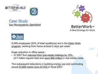Case Study
Sun Microsystems OpenWork
                                                          BetterWork™
                                                         A New Strategy for Work




 9,095 employees (55% of total workforce) are in the Open Work
 program, working from home at least 2 days per week

 Huge reduction in office space :
 - In 2007 Sun reduced their real estate holdings by 15%
   (2.7 million square feet) and save $68 million in real estate costs.

 The subsequent reductions in building energy use and commuting
 saved 23,868 metric tons of CO2 in fiscal 2007.
 