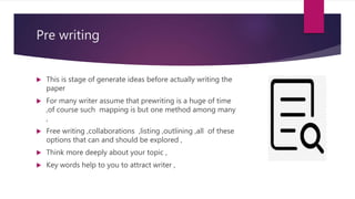 Pre writing
 This is stage of generate ideas before actually writing the
paper
 For many writer assume that prewriting is a huge of time
,of course such mapping is but one method among many
,
 Free writing ,collaborations ,listing ,outlining ,all of these
options that can and should be explored ,
 Think more deeply about your topic ,
 Key words help to you to attract writer ,
 