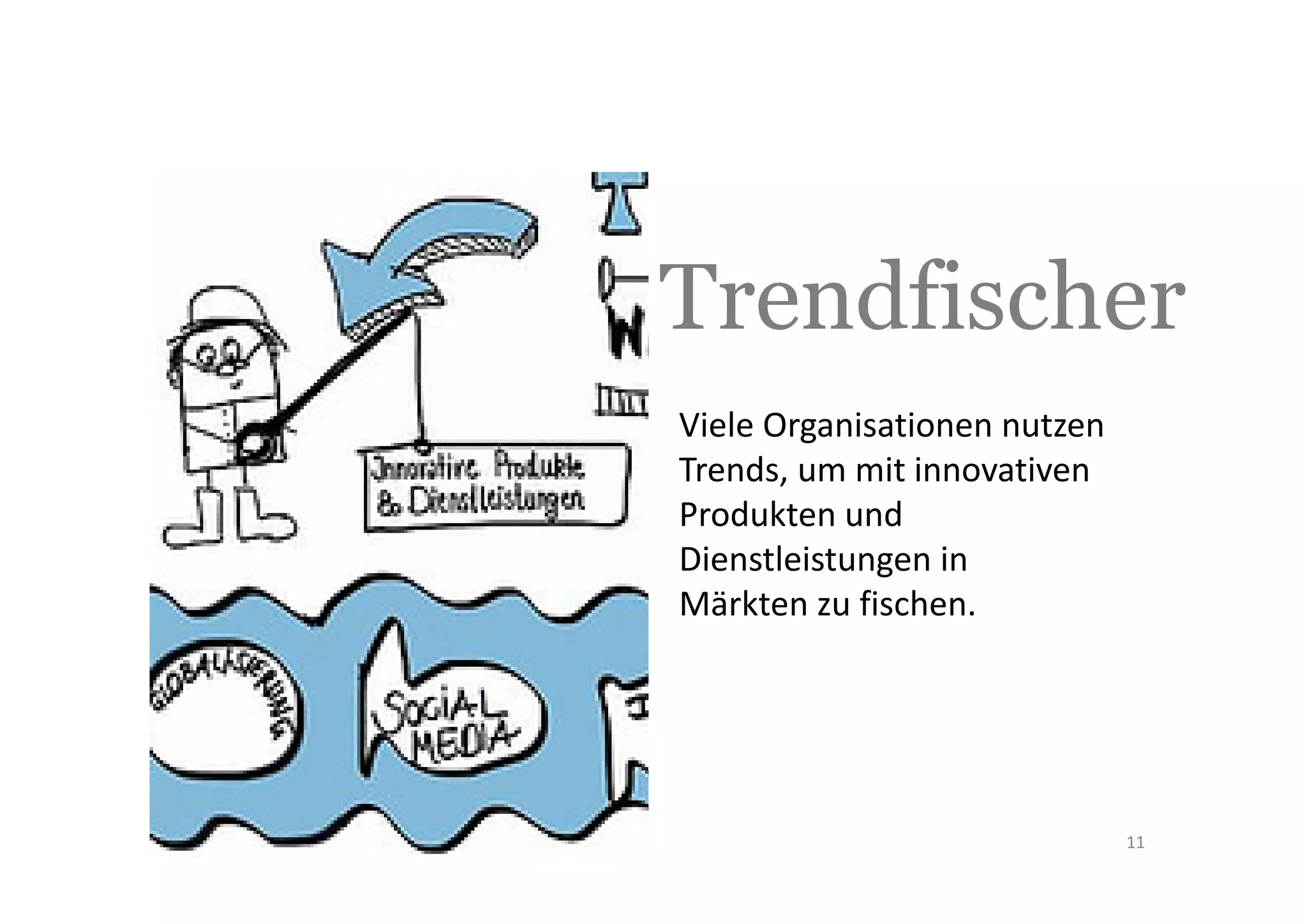 Trendfischer
Viele Organisationen nutzen 
Trends, um mit innovativen 
Produkten und 
Dienstleistungen in 
Märkten zu fischen. 




                               11
 