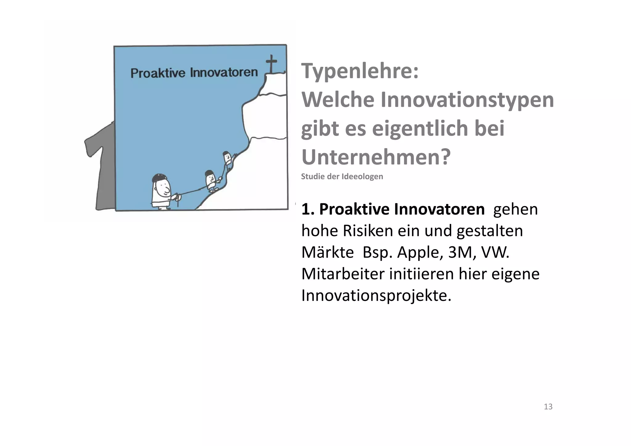 Typenlehre: 
Welche Innovationstypen 
gibt es eigentlich bei 
Unternehmen?
Studie der Ideeologen


1. Proaktive Innovatoren  gehen 
hohe Risiken ein und gestalten 
Märkte  Bsp. Apple, 3M, VW. 
Mitarbeiter initiieren hier eigene 
Innovationsprojekte.




                                  13
 