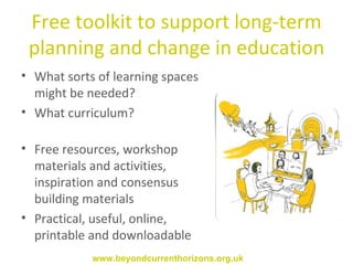 Free toolkit to support long-term planning and change in education What sorts of learning spaces might be needed? What curriculum? Free resources, workshop materials and activities, inspiration and consensus building materials Practical, useful, online, printable and downloadable www.beyondcurrenthorizons.org.uk 