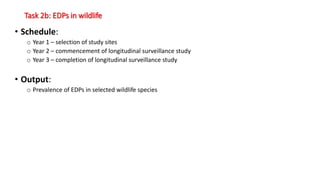 Task 2b: EDPs in wildlife
• Schedule:
o Year 1 – selection of study sites
o Year 2 – commencement of longitudinal surveillance study
o Year 3 – completion of longitudinal surveillance study
• Output:
o Prevalence of EDPs in selected wildlife species
 