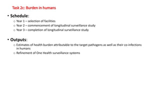 Task 2c: Burden in humans
• Schedule:
o Year 1 – selection of facilities
o Year 2 – commencement of longitudinal surveillance study
o Year 3 – completion of longitudinal surveillance study
• Outputs:
o Estimates of health burden attributable to the target pathogens as well as their co-infections
in humans
o Refinement of One Health surveillance systems
 
