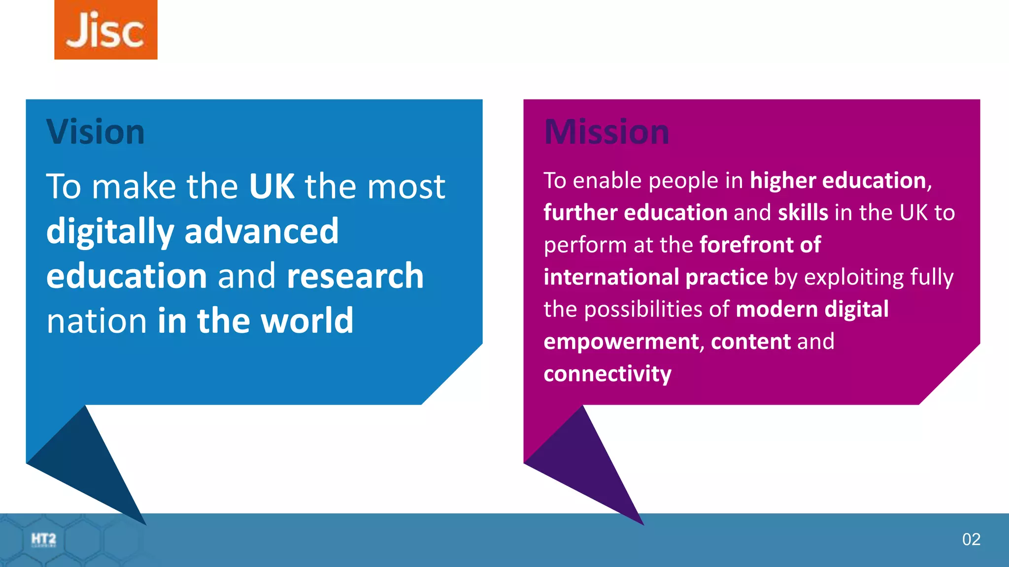 02
Mission
To enable people in higher education,
further education and skills in the UK to
perform at the forefront of
international practice by exploiting fully
the possibilities of modern digital
empowerment, content and
connectivity
Vision
To make the UK the most
digitally advanced
education and research
nation in the world
 