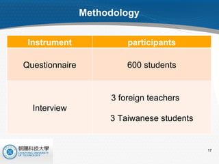 Methodology Instrument participants Questionnaire 600 students Interview 3 foreign teachers 3 Taiwanese students 