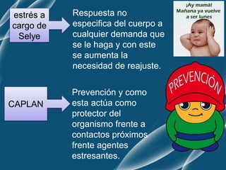 Prevención y como
esta actúa como
protector del
organismo frente a
contactos próximos
frente agentes
estresantes.
estrés a
cargo de
Selye
Respuesta no
especifica del cuerpo a
cualquier demanda que
se le haga y con este
se aumenta la
necesidad de reajuste.
CAPLAN
 