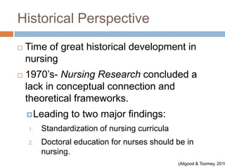 Historical Perspective
   Time of great historical development in
    nursing
   1970’s- Nursing Research concluded a
    lack in conceptual connection and
    theoretical frameworks.
     Leading    to two major findings:
    1.   Standardization of nursing curricula
    2.   Doctoral education for nurses should be in
         nursing.
                                                (Aligood & Toomey, 2010
 