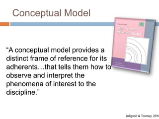 Conceptual Model


“A conceptual model provides a
distinct frame of reference for its
adherents…that tells them how to
observe and interpret the
phenomena of interest to the
discipline.”


                                      (Aligood & Toomey, 2010
 