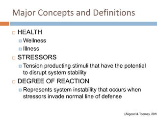 Major Concepts and Definitions
   HEALTH
     Wellness

     Illness

   STRESSORS
     Tension  producting stimuli that have the potential
      to disrupt system stability
   DEGREE OF REACTION
     Represents   system instability that occurs when
      stressors invade normal line of defense

                                                (Aligood & Toomey, 2010
 