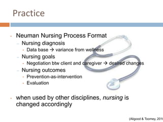 Practice

•   Neuman Nursing Process Format
     –   Nursing diagnosis
         •   Data base  variance from wellness
     –   Nursing goals
         •   Negotiation btw client and caregiver  desired changes
     –   Nursing outcomes
         •   Prevention-as-intervention
         •   Evaluation


•   when used by other disciplines, nursing is
    changed accordingly

                                                            (Aligood & Toomey, 2010
 