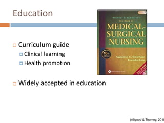 Education


   Curriculum guide
     Clinical
             learning
     Health promotion



   Widely accepted in education



                                   (Aligood & Toomey, 2010
 