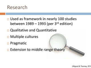 Research
   Used as framework in nearly 100 studies
    between 1989 – 1993 (per 3rd edition)
   Qualitative and Quantitative
   Multiple cultures
   Pragmatic
   Extension to middle range theory


                                        (Aligood & Toomey, 2010
 