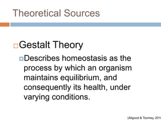 Theoretical Sources


   Gestalt Theory
    Describes homeostasis as the
     process by which an organism
     maintains equilibrium, and
     consequently its health, under
     varying conditions.

                                 (Aligood & Toomey, 2010
 