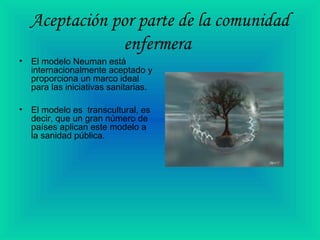Aceptación por parte de la comunidad
enfermera
• El modelo Neuman está
internacionalmente aceptado y
proporciona un marco ideal
para las iniciativas sanitarias.
• El modelo es transcultural, es
decir, que un gran número de
países aplican este modelo a
la sanidad pública.
 