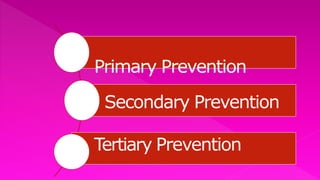 Primary Prevention
Secondary Prevention
Tertiary Prevention
 