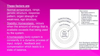  These factors are:
 Normal temperature, range,
genetic structure, response
pattern, organ strength or
weakness, ego structure.
 Stability/ Homeostasis , occurs
when the amount of energy that is
available exceeds that being used
by the system.
 A homeostatic body system is
constantly in a dynamic process of
input, output , feedback and
compensation which leads to a
state of balance.
 