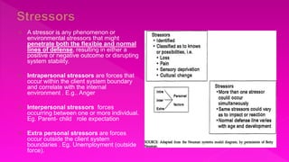  A stressor is any phenomenon or
environmental stressors that might
penetrate both the flexible and normal
lines of defense, resulting in either a
positive or negative outcome or disrupting
system stability.
 Intrapersonal stressors are forces that
occur within the client system boundary
and correlate with the internal
environment . E.g.. Anger
 Interpersonal stressors forces
occurring between one or more individual.
Eg. Parent- child role expectation
 Extra personal stressors are forces
occur outside the client system
boundaries . Eg. Unemployment (outside
force).
 