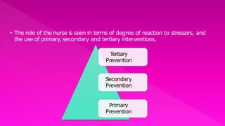 • The role of the nurse is seen in terms of degree of reaction to stressors, and
the use of primary, secondary and tertiary interventions.
Tertiary
Prevention
Secondary
Prevention
Primary
Prevention
 
