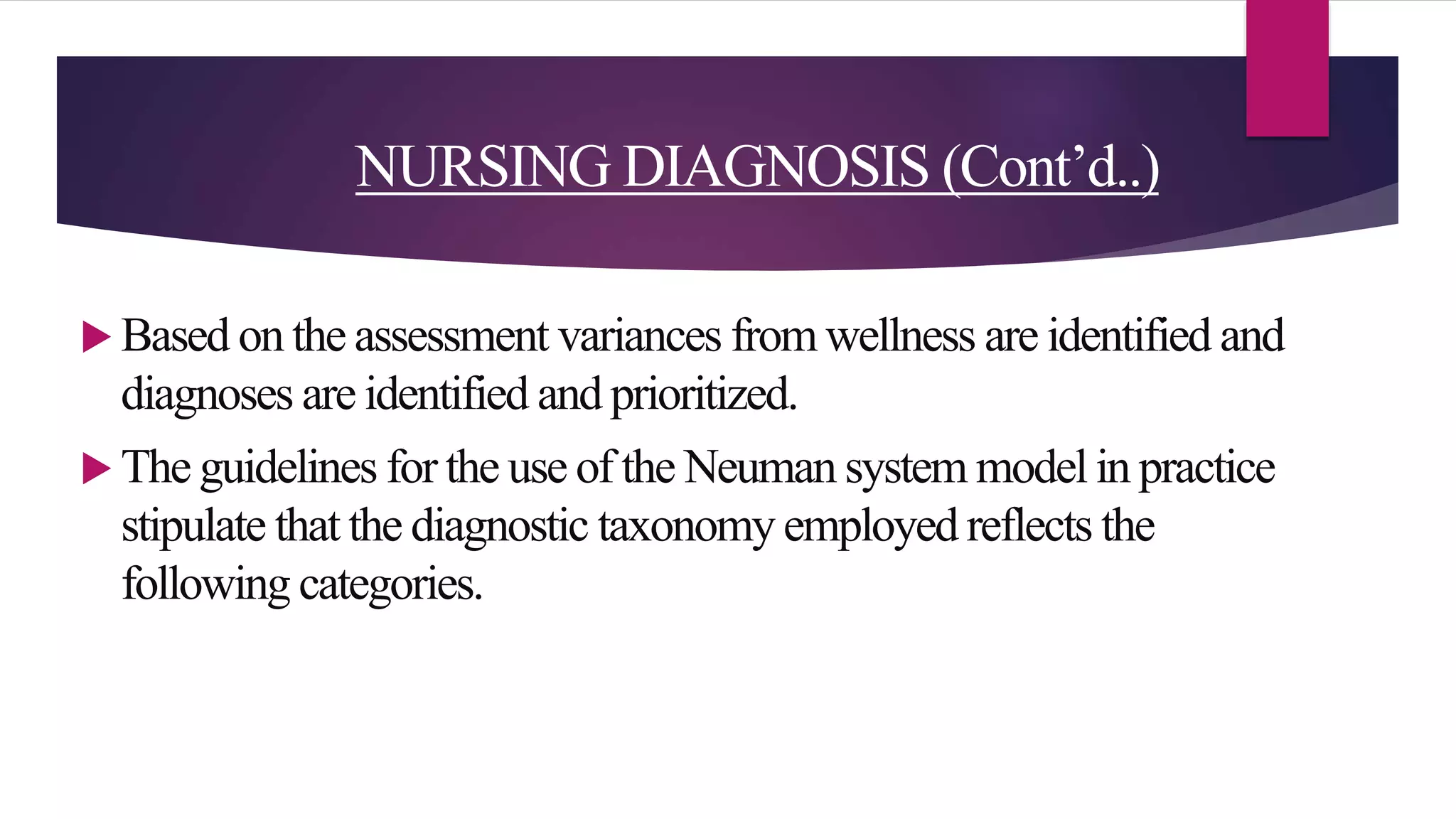 NURSING DIAGNOSIS (Cont’d..)
 Based on the assessment variances from wellness are identified and
diagnoses are identified and prioritized.
 The guidelines for the use of the Neuman system model in practice
stipulate that the diagnostic taxonomy employed reflects the
following categories.
 