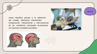 Jones identifico gracias a la aplicación
del modelo, elementos interesantes
intrapersonal, interpersonal y extra personal
de los cuidadores principales de personas
con lesiones craneales traumático.
 